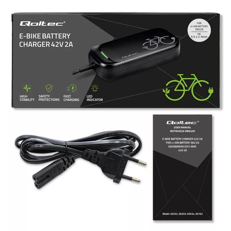 Cargador para e-bike QOLTEC 50332 — salida 36V/42V, 2A, conector 5,5×2,1 mm