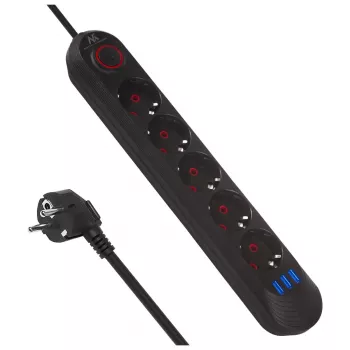 Regleta de enchufes MACLEAN MCE395 B — 5 enchufes, 3×USB, 110–240V AC, 2,1A USB, 2500W, cable de 1,5 m, negra