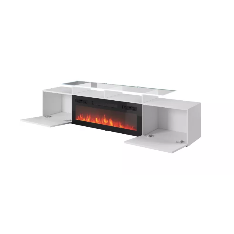 Mueble TV Cama Meble ROVA con chimenea eléctrica 190x37x48 cm blanco/blanco brillante