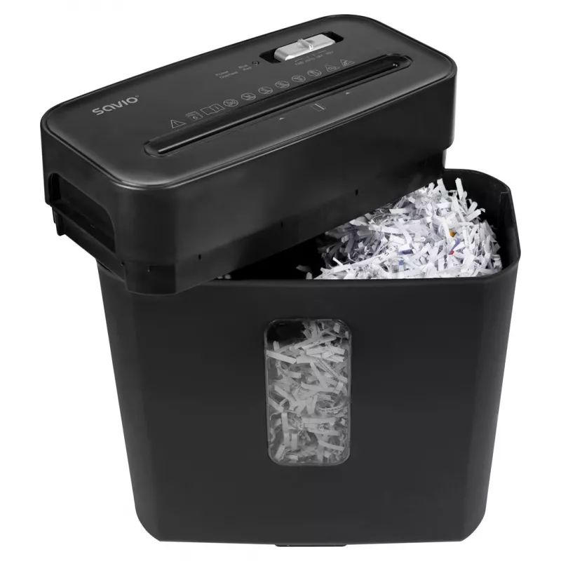 Destructora de documentos SAVIO ND-01, corte cruzado 4 x 32 mm, depósito de 11 L, 230 W, negra, 72 dB