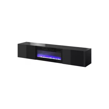 Mueble TV Cama Meble SLIDE 200K con chimenea eléctrica 200×40×37 cm negro brillante, puertas de MDF, cuerpo de tablero de partículas