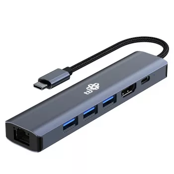 Adaptador HUB USB C 6en1 - HDMI, USBx3, PD, RJ-45
