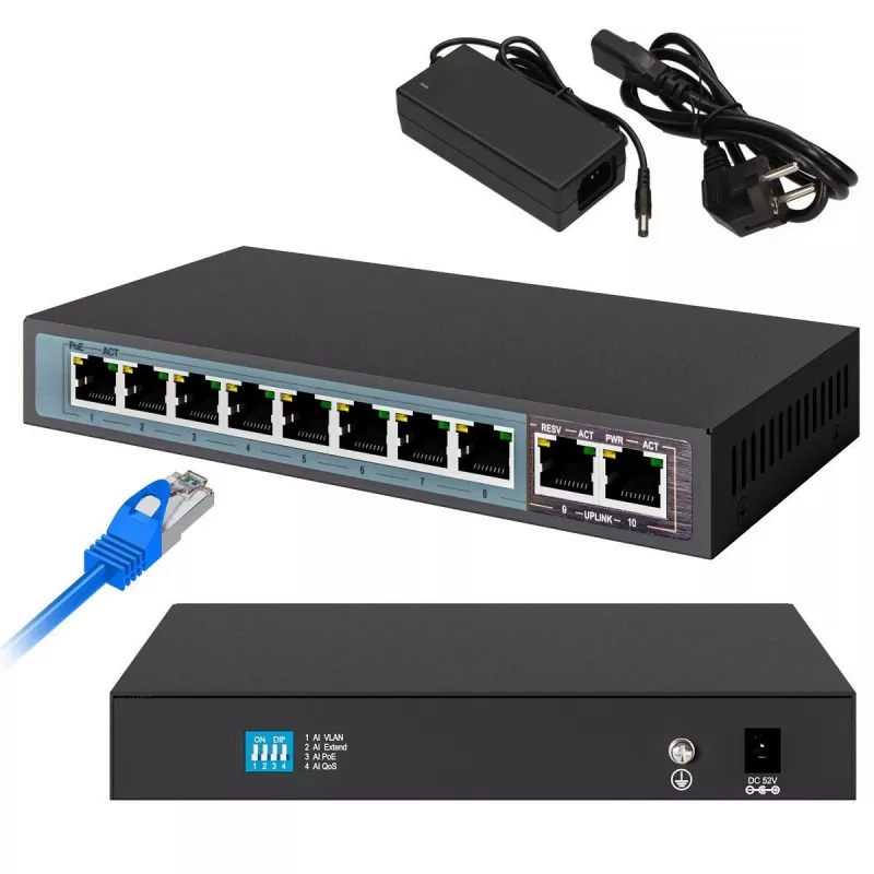 Switch PoE Extralink CERES 8x 100Mb/s PoE/PoE+, 2x uplink RJ45 100Mb/s, 96W