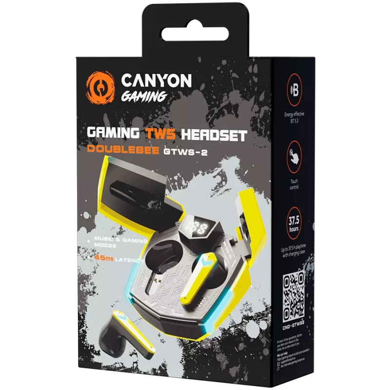 Auriculares Canyon GTWS-2 inalámbricos con gancho para el oído gaming USB Type-C Bluetooth base de carga amarillos (CND-GTWS2Y)