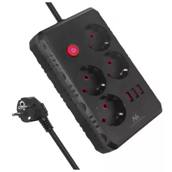 Regleta MACLEAN MCE393 B — 4 tomas de corriente, 3×USB, 110–240 V, 2500 W, cable de 3 m, negra