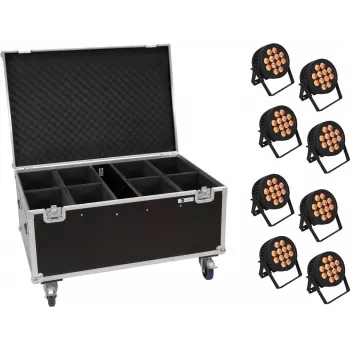 Juego de luces LED-PAR EUROLITE 20000881 — 8 focos, 12x8W QCL, incluye flightcase con ruedas