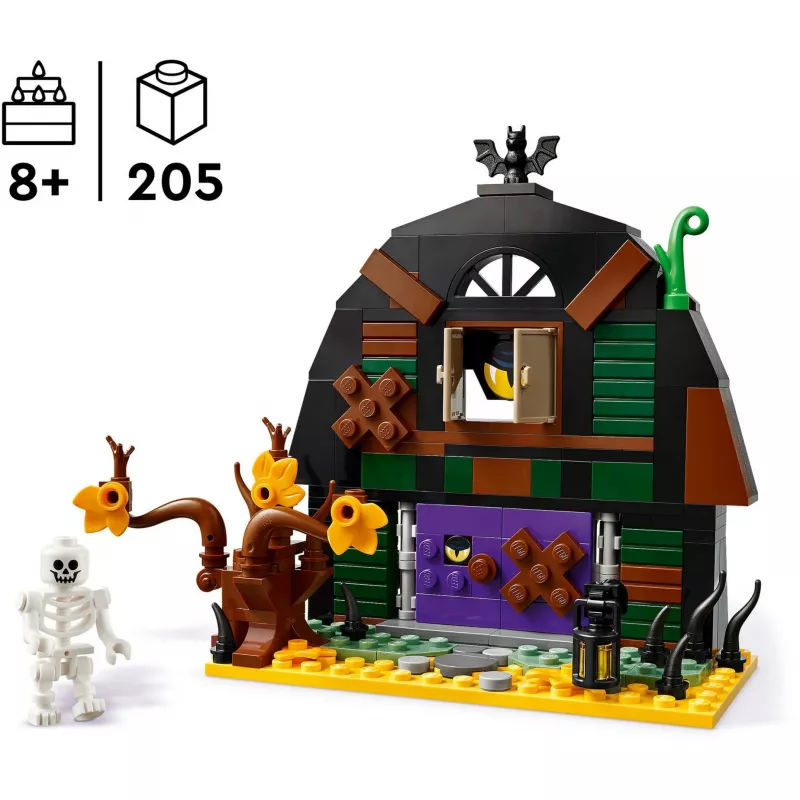 Set de construcción LEGO Iconic Halloween Barn 40721, 205 piezas, 1 minifigura, 140×170×60 mm