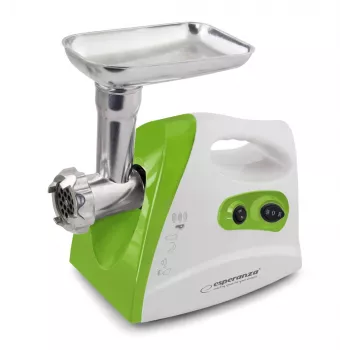Picadora de carne ESPERANZA EKM012G — 600 W, cuchilla de acero inoxidable, embudo para embutidos, accesorio para kibbeh, marcha atrás, patas antideslizantes, blanca/verde
