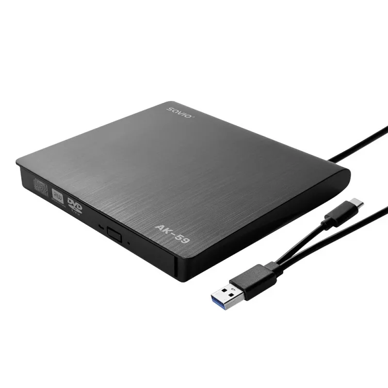 Grabadora externa de CD/DVD delgada SAVIO AK-59 R/RW - USB-C/USB-A, negra