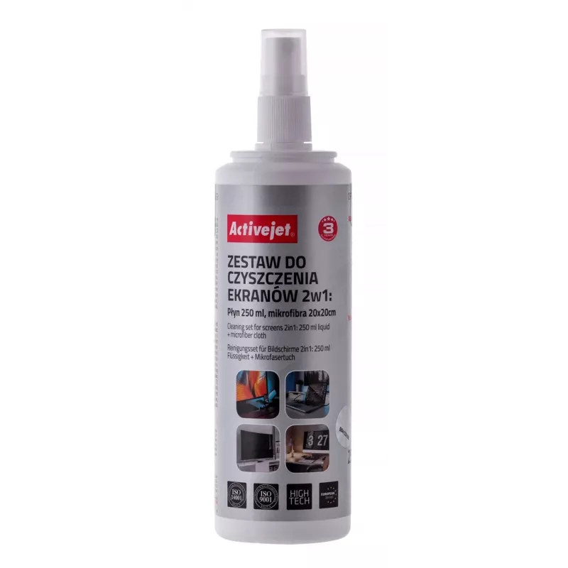 Paños y líquido de limpieza de equipos ActiveJet AOC-269, paño de microfibra 200x200 mm, spray 250 ml, 2 uds.