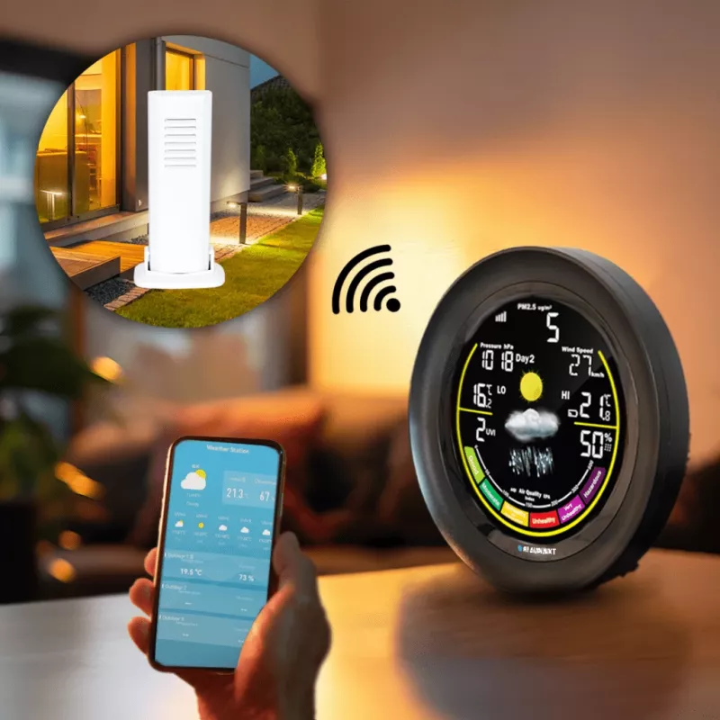 Estación meteorológica BLAUPUNKT WS35BK APP – pantalla LCD, temperatura y humedad, alarma, calendario, conectividad por app, 94×94×27 mm