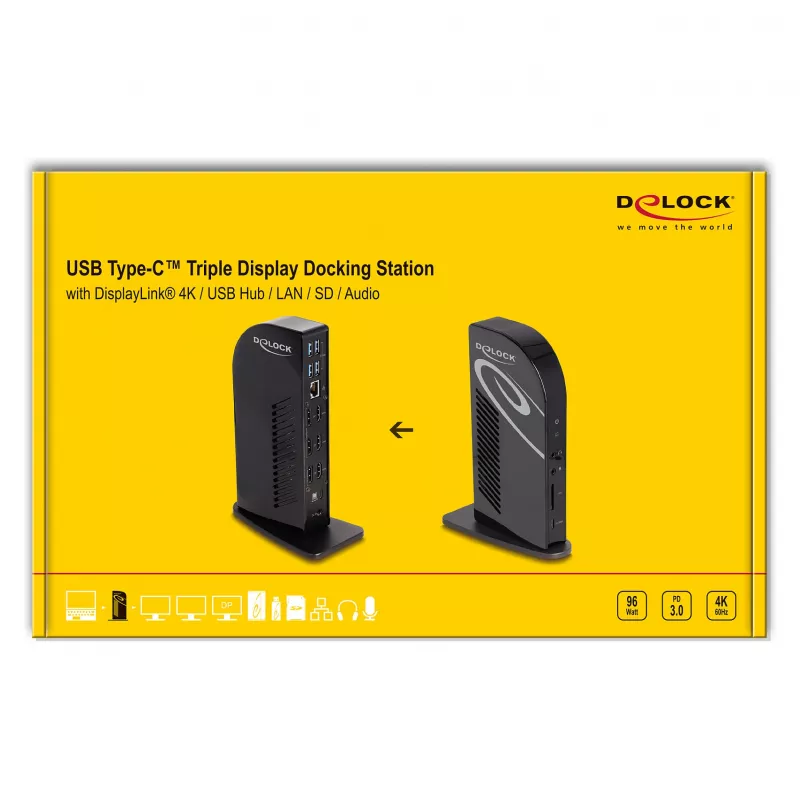 Estación de acoplamiento DeLOCK USB Type-C Triple Display 4K Hub USB LAN Audio PD 96W