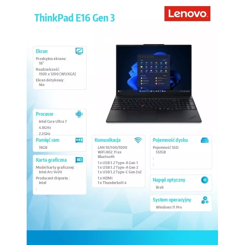 Portátil Lenovo ThinkPad E16 G3 22AY001SPB — Intel Ultra 7, 16,0