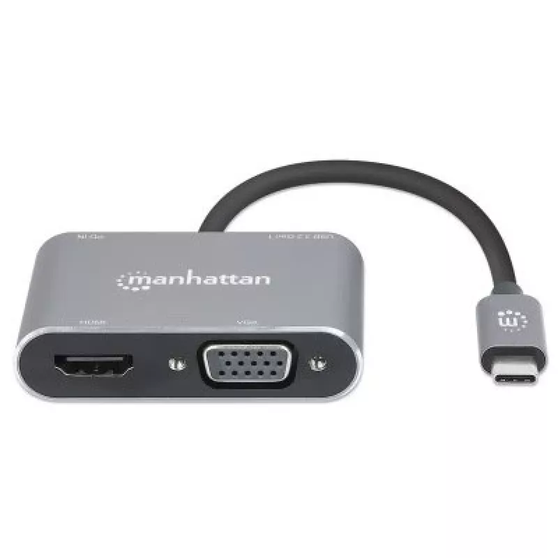 Manhattan Dock/Hub USB-C, puertos (x4): HDMI, USB-A, USB-C y VGA, con Power Delivery (PD) 87W – se requiere cargador USB-C externo (no incluido). Alimentado por USB (no requiere fuente de alimentación externa) cuando no se utiliza PD, aluminio