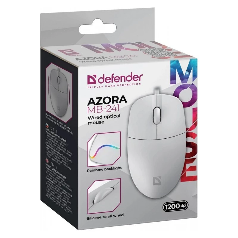 Ratón con cable DEFENDER AZORA MB-24 — ratón óptico USB ambidiestro, 1200 dpi, 3 modos de resolución, blanco, 109×86×34 mm