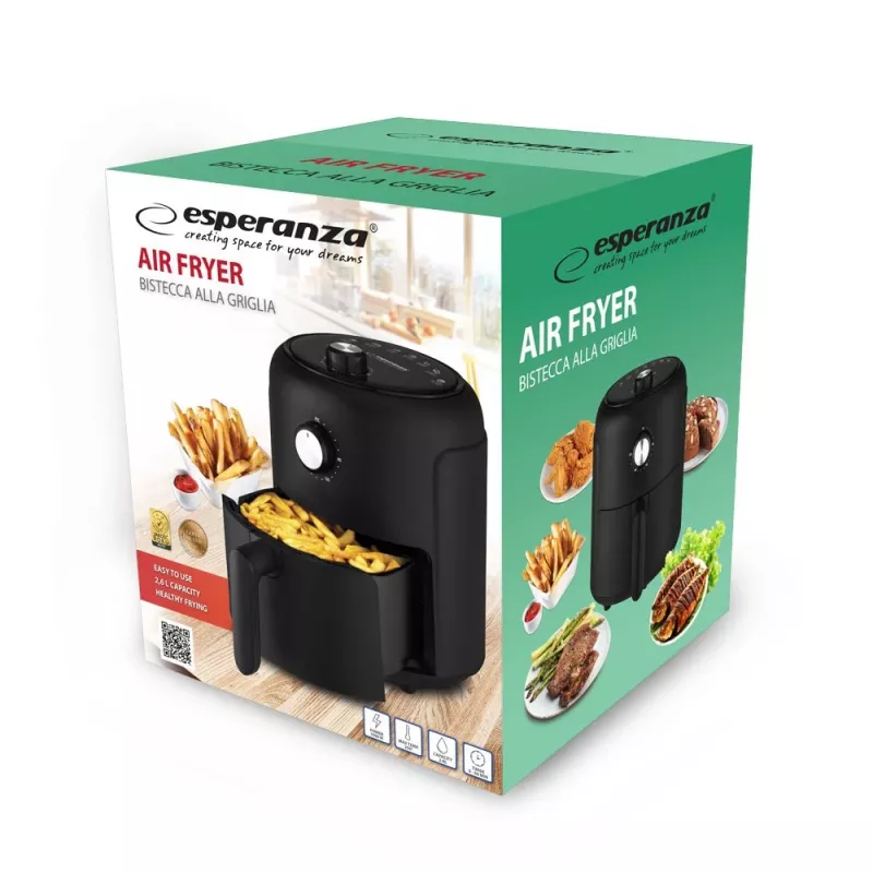 Freidora de aire ESPERANZA EKA001, 2,6 L, 1000 W, 7 programas, negra, compacta para encimera