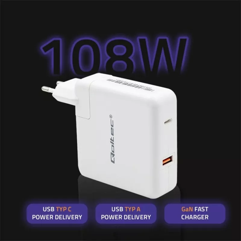 Qoltec Cargador GaN FAST 108W | 5-20V | 3-4.7A | USB C | blanco