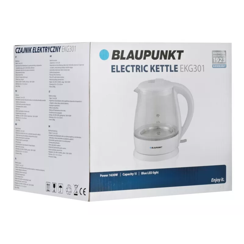 Hervidor eléctrico BLAUPUNKT 1 L 1630 W blanco — cuerpo de cristal, base 360°, apertura por botón