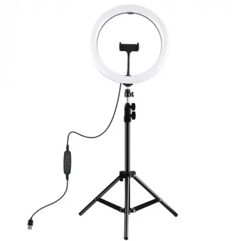 Anillo de luz LED 30 cm con trípode hasta 1,1 m y soporte para móvil, USB