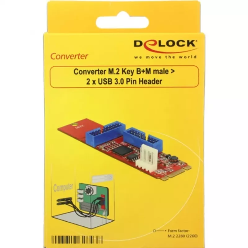 Delock convertidor M.2 Key B+M conector macho > 2 x USB 3.0 regleta de pines - adaptador USB - tarjeta M.2 - USB 3.0 (interno) x 2 (62843)