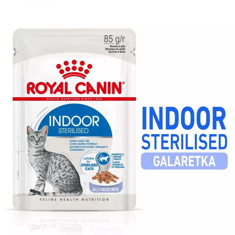 Comida húmeda para gatos Royal Canin Indoor Sterilized 85 g bolsa — gatos adultos esterilizados de interior, sabor aves, pack 12 x 85 g