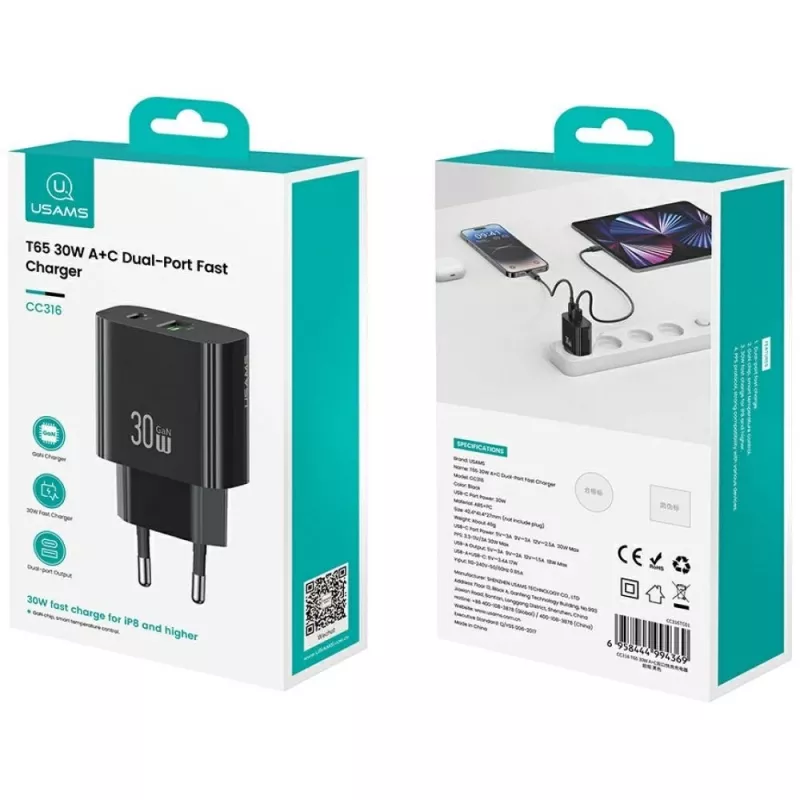Cargador USAMS USA001631 30W con 1x USB-C y 1x USB-A carga rápida