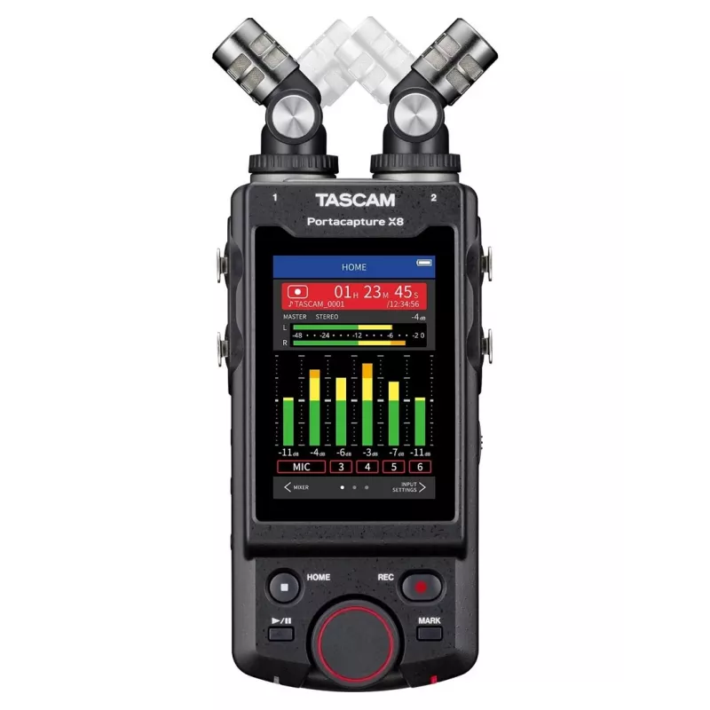 Grabadora de audio multipista portátil Tascam Portacapture X8 — 6 canales, 24/32 bits, hasta 96 kHz, 4 entradas combo XLR/TRS, tarjeta SD, USB-C, batería o fuente de alimentación
