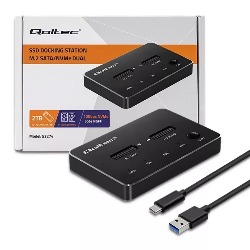 Qoltec 52274 Base de acoplamiento para SSD M.2 | NVMe | SATA | USB-C | DUAL 2 x 2TB