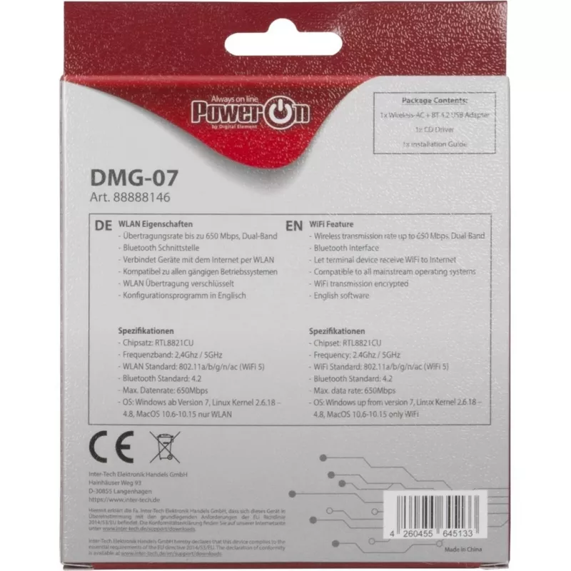Inter-Tech DMG-07 – inalámbrico – USB – Wi-Fi / Bluetooth – Wi-Fi 5 (802.11ac) – 650 Mbit/s – negro (88888146)
