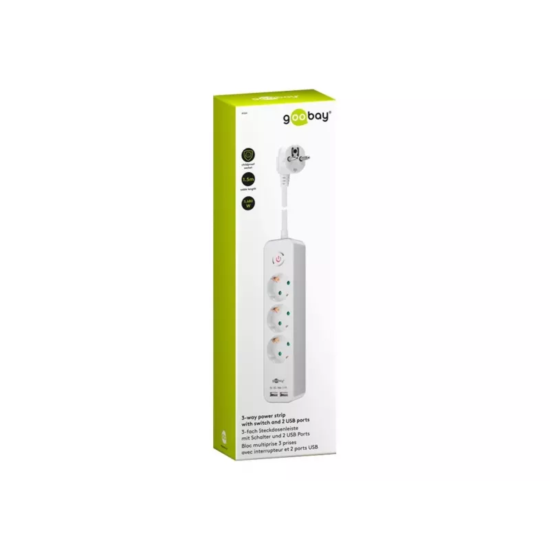 Regleta Goobay de 3 tomas con interruptor y USB, cable de 1,5 m, tipo F