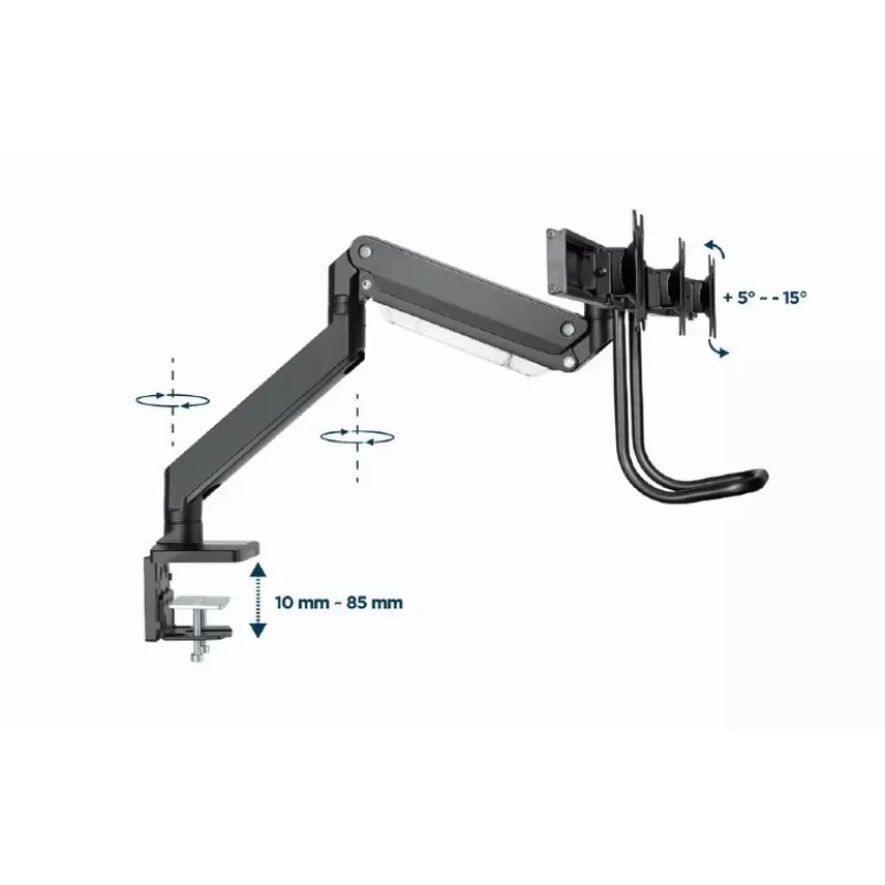 Soporte de escritorio para monitor GEMBIRD MA-DA3-03, 3 brazos, resorte de gas, VESA 75–100x100, soporta 3 pantallas de hasta 27 inch , máx. 18 kg, negro