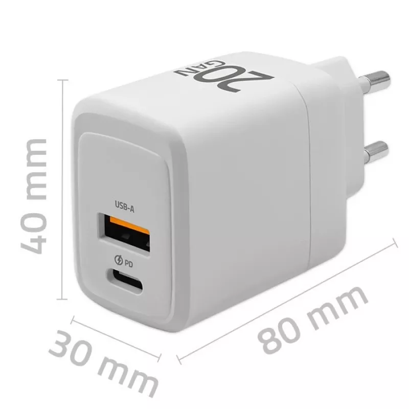 Cargador GaN QOLTEC 51823 20W fuente de alimentación USB, salida 5V/20V