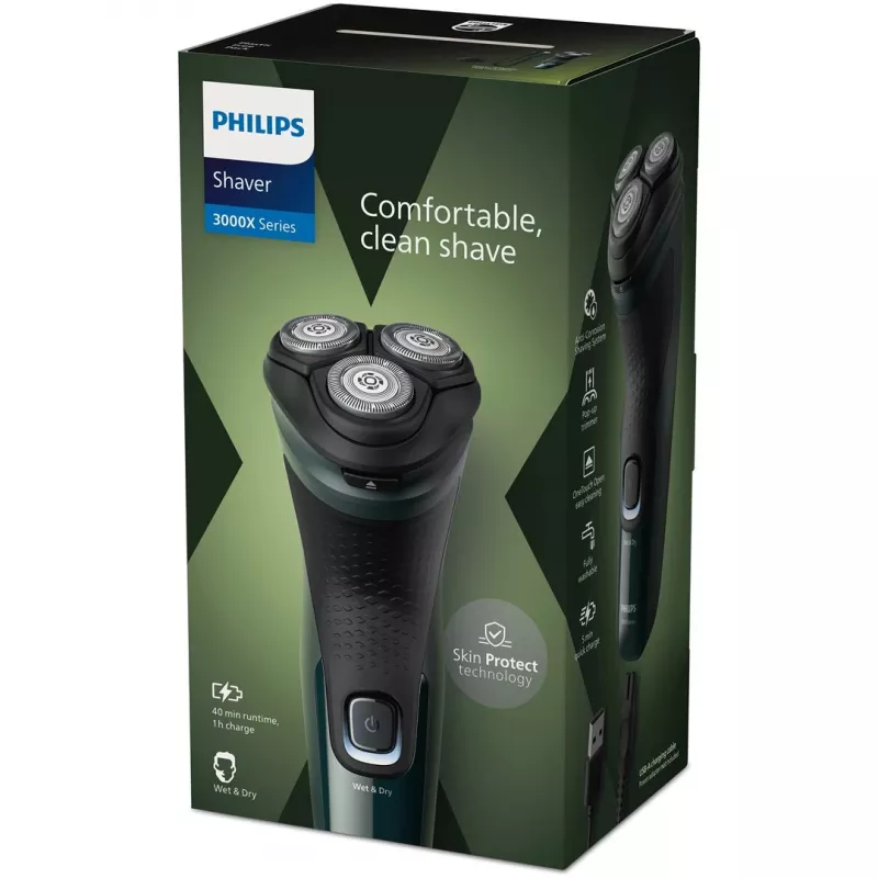 Afeitadora eléctrica rotatoria Philips 3000X Series X3002/00 – Afeitadora de 3 cabezales húmedo y seco, inalámbrica, batería NiMH, 40 minutos de autonomía