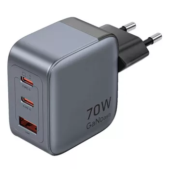 Cargador GaN Vention FEXH0-EU 70W — 2x USB-C + 1x USB-A, PD 70W, 100–240V
