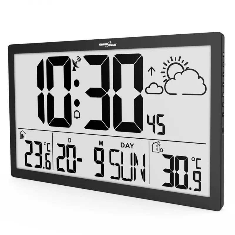 Reloj de pared GreenBlue GB218 — LCD extragrande, estación meteorológica, temperaturas interior/exterior, indicación de fecha