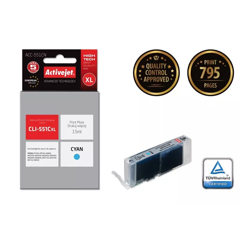 Activejet ACC-551CN cartucho de tinta (sustituto de Canon CLI-551C; Supreme; 15 ml; cian)