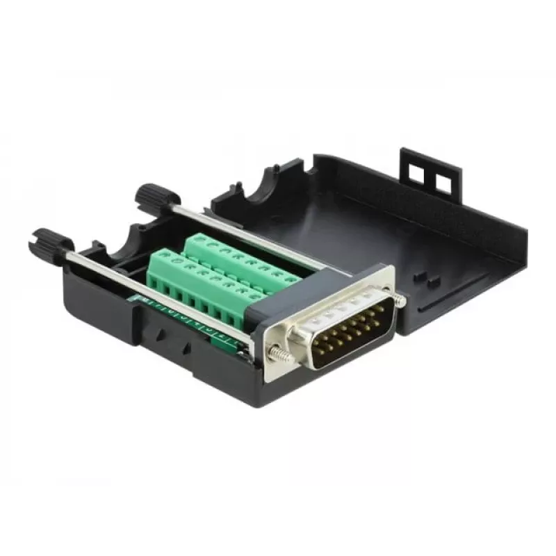 Conector macho D-Sub15 a borne de carril con carcasa DeLOCK 66566
