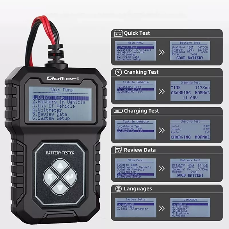 Probador de batería digital Qoltec con LCD | Menú en polaco | 12V | AGM | GEL | STD | 30-220AH
