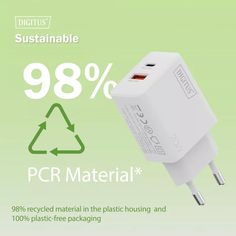 Cargador USB de pared DIGITUS 20W, 1x USB-C, 1x USB-A, entrada 100–240V, blanco