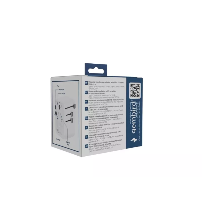 Gembird TPA-2A3C70-01-W adaptador de corriente de viaje universal, 3x USB-C, 2x USB-A, 70 W, GaN, blanco