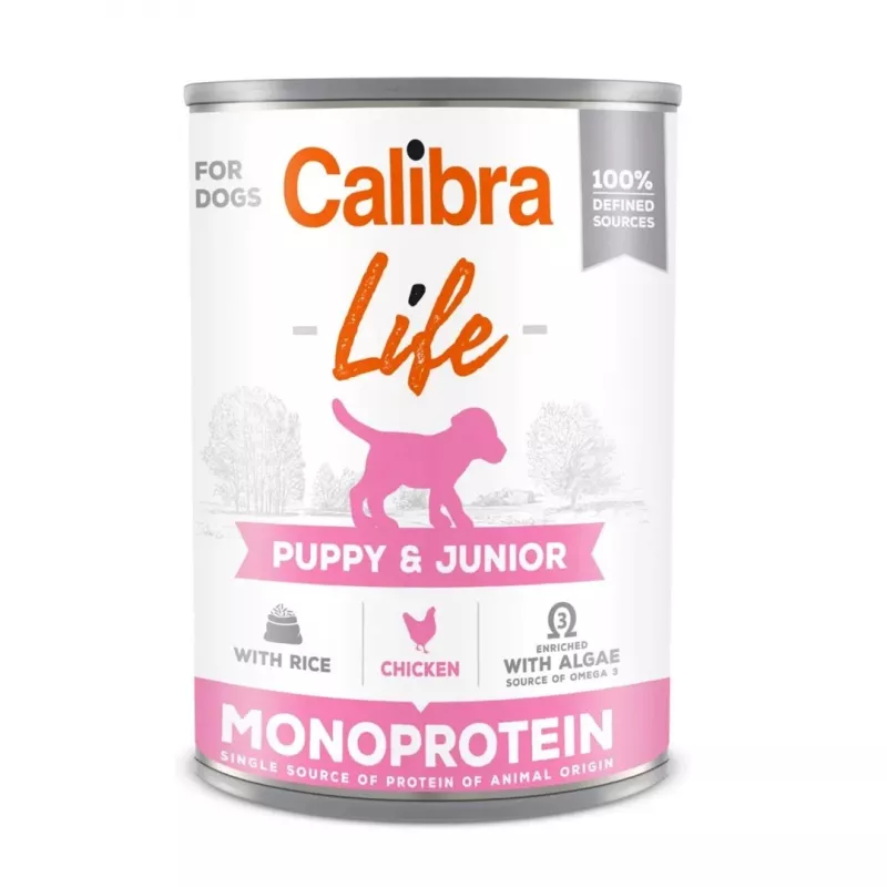 Calibra Dog Life Puppy & Junior comida húmeda para perros con pollo y arroz, 400 g