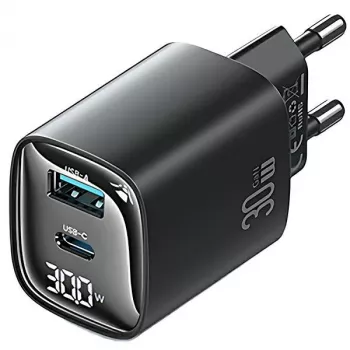 Cargador usams CC229 30W GaN USB-C y USB LED compacto para viaje