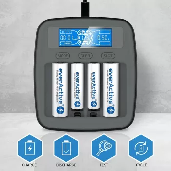 Cargador de baterías everActive NC1000MV2 – cargador Ni-MH 4 bahías USB-C, 4 celdas, 5V, negro, 110×99×38 mm