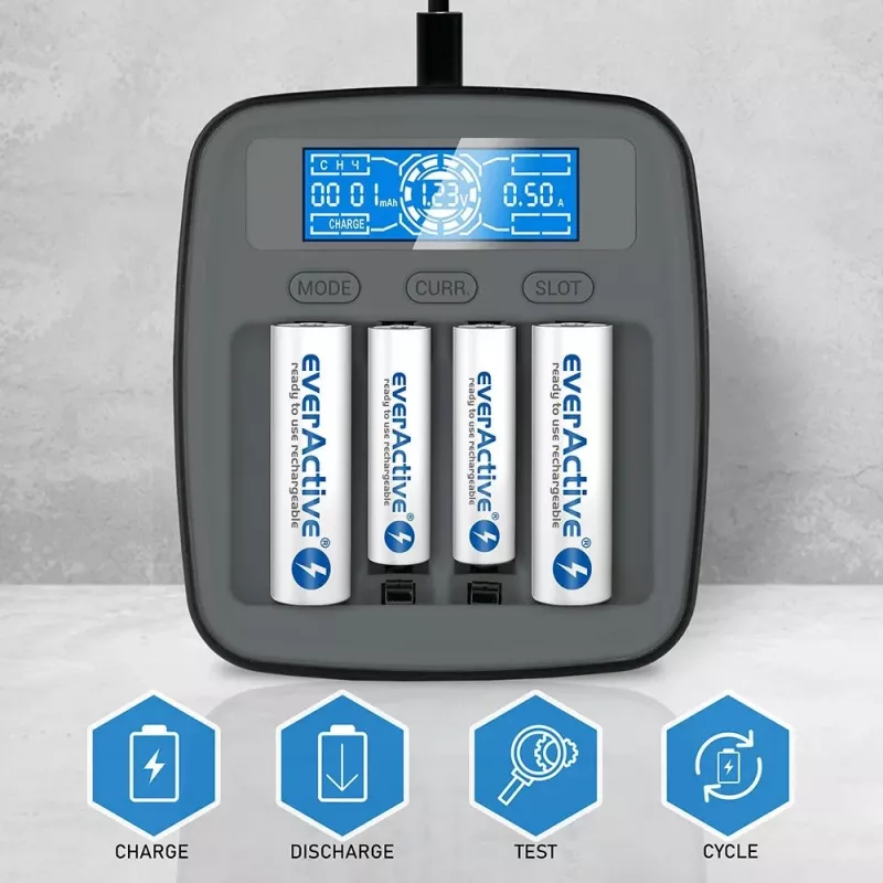 everActive NC-1000M V2 cargador de pilas, Ni-MH, 4 ranuras AA/AAA, USB-C, negro