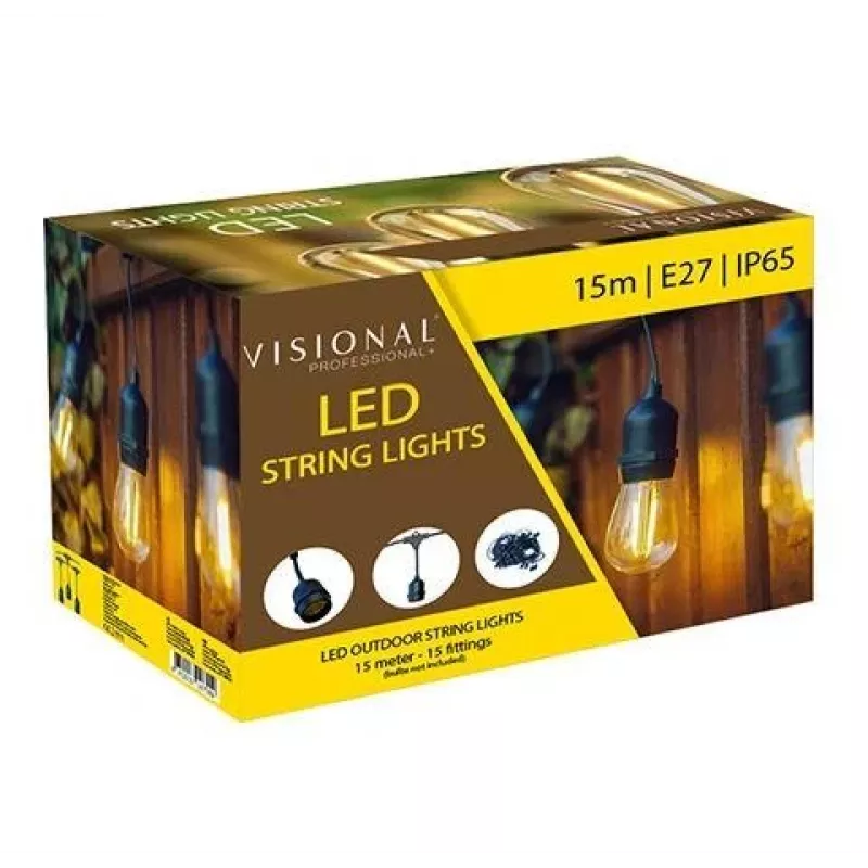 Cadena de luces LED de jardín VISIONAL con 15 casquillos E27, 15 m de longitud, 1 m de distancia, cable negro (H05VV-F 2x0,75)