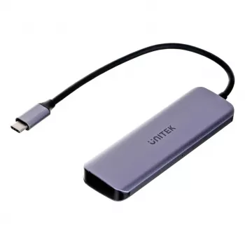 Hub USB Unitek P5+ — 5 puertos (4 × USB 3.2 Gen 2 Type-A), host USB 3.2 Gen 1, 5 Gbit/s, 10 W PD, aluminio, gris
