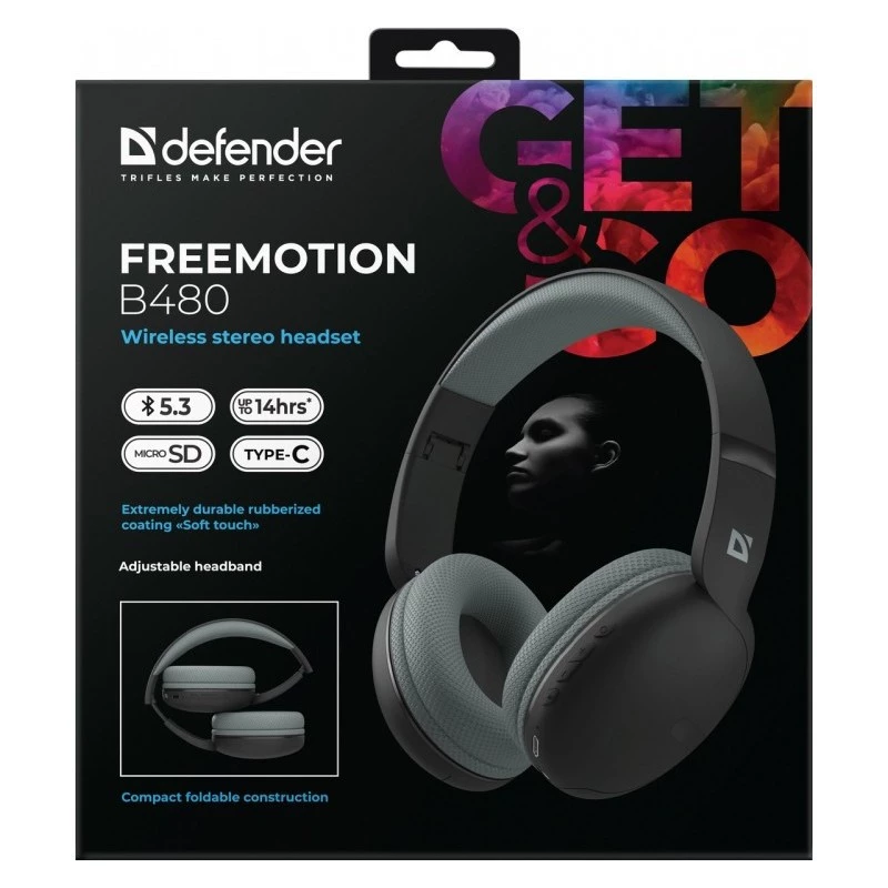 Defender FreeMotion B480 63480 auriculares inalámbricos supraaurales, Bluetooth 5.3, USB-C, AUX, microSD, hasta 14 h, 20-20000 Hz, negros