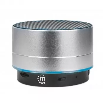 Altavoz Bluetooth Manhattan Metallic, resistente a salpicaduras, alcance 10 m, lector de tarjetas microSD, conector Aux 3,5 mm, cable de carga USB-A incluido (carga 5V), Plata, tres años de garantía