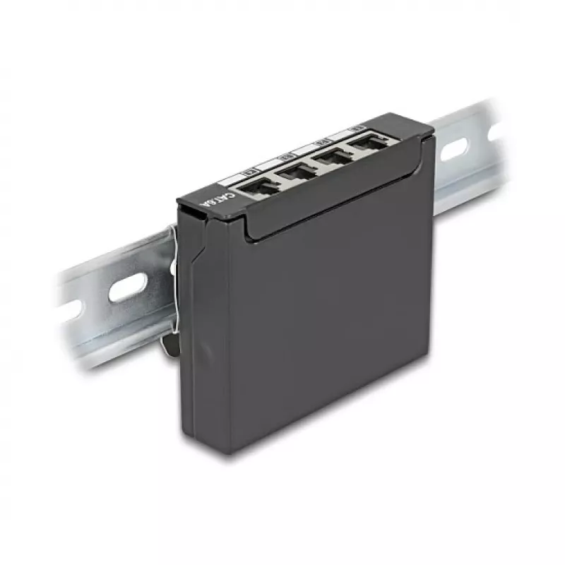 Patch panel DELOCK mini sobremesa RJ45 4 puertos Cat.6A apantallado negro, metal, 90×22×93 mm
