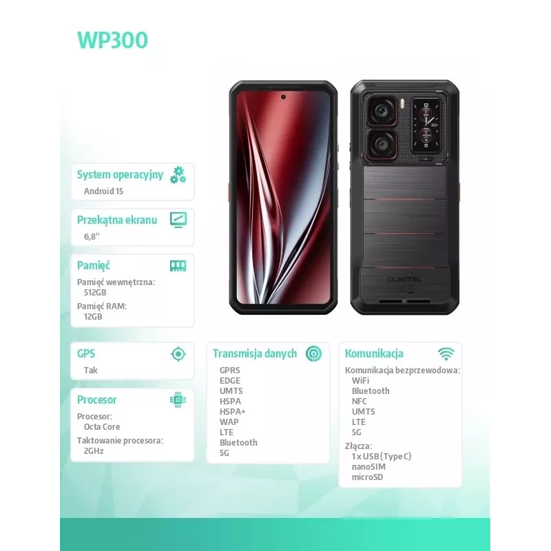 Oukitel WP300 smartphone 5G, 6,8 pulgadas, 12 GB de RAM, 512 GB, 16000 mAh, IP69K, Android 15, negro